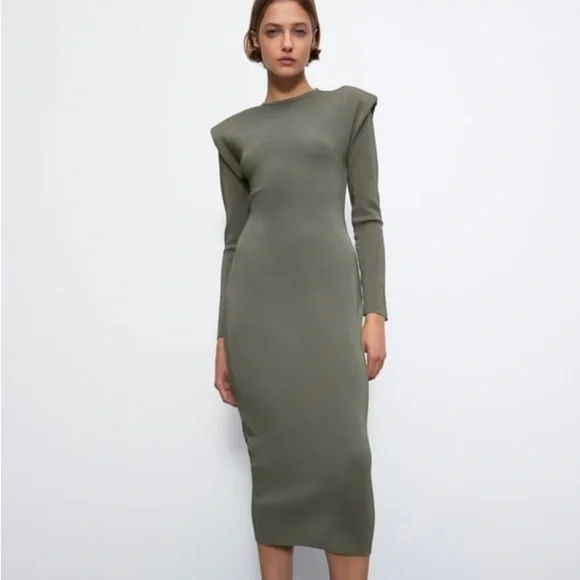 ZARA Shoulder Pad Knit Midi Dress - Picture 2 of 4